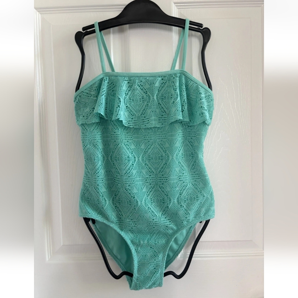 Girl’s Size 12 SO One Piece Swimsuit Turquoise Crochet Look Fabric Lined